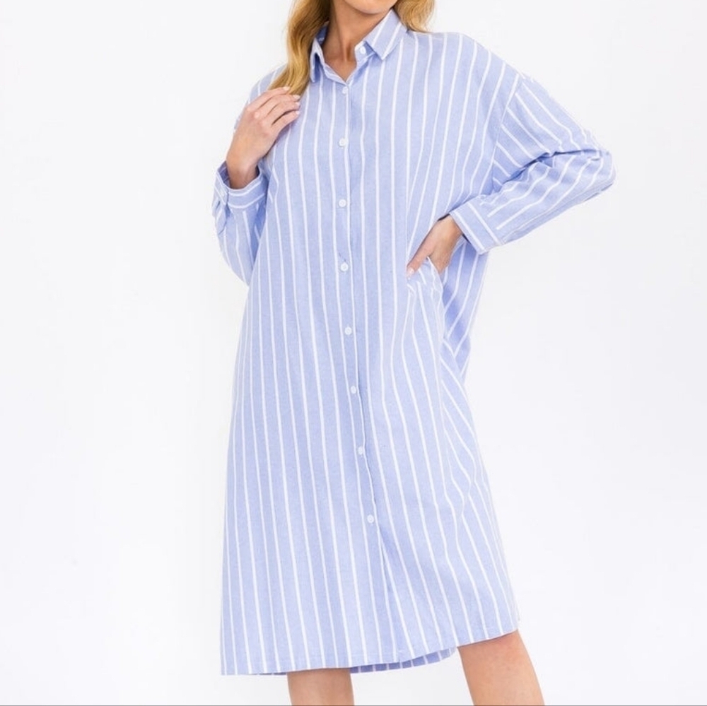 Million Colors Blue Striped Midi Shirt Dress Long Sleeve Linen Cotton
